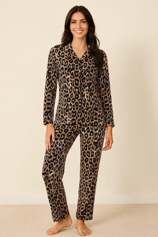 Kadın 6443 Süet Düğmeli Uzun Kol Pijama Takımı Leopar LEOPAR