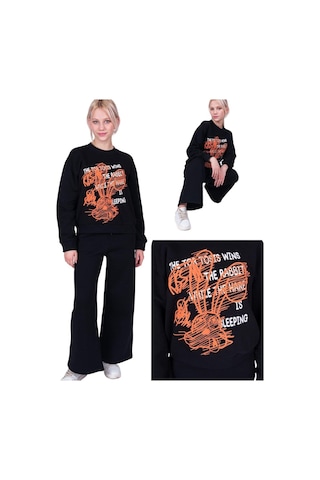 Kız Çocuk Neon Tavşan Baskılı Tasarım Teenage Sweatshirt-13402-siyah Siyah