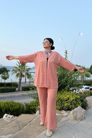 İpli Somon Renk Cep Detaylı Bol Paça Kimono Takım Somon