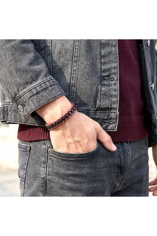 Moncuk Design Siyah Çelik Zincir Örgülü Ve Kırmızı Deri Erkek Bileklik 33514b24d2 Kahverengi