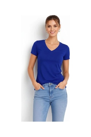 Valensdesign T-shirt V Yaka Slim Fit Likralı Tişört Günlük Basic Body - İndigo