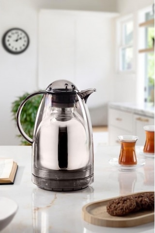 1.5 Lt Isı Yalıtımlı Çay Ve Soğuk Su Termosu Füme 12 Saat Sıcak Tutar& İçi Camdır Beyaz - Şeffaf