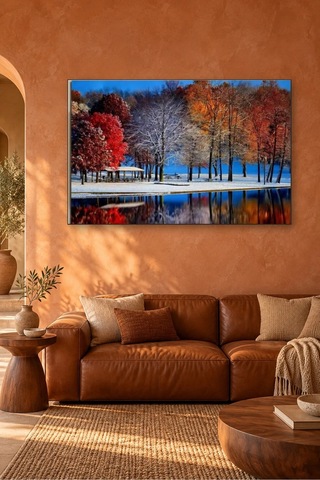 Fida Karla Örtülü Göl Kıyısında Kızıl Ağaçlar Canvas Tablo Çok Renkli