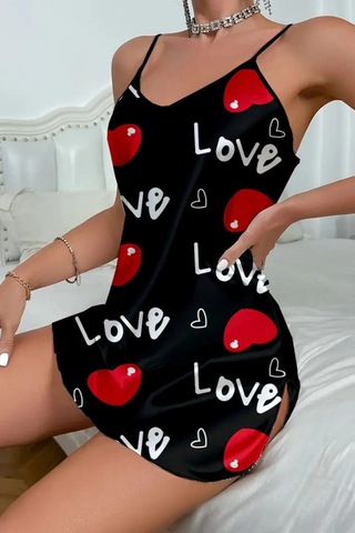 Cojans Love Desenli Siyah Saten Gecelik Çok Renkli