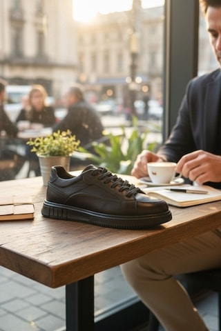 Enoch Hakiki Deri Bağcıklı Erkek Sneaker Ayakkabı Ortopedik Taban Siyah