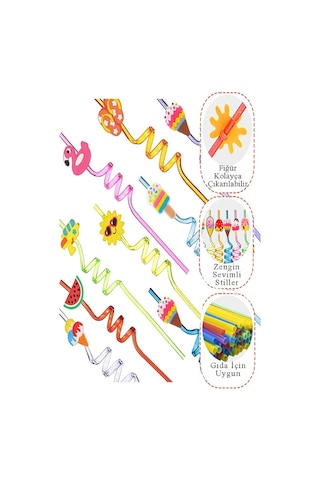 Figürlü Pipet 12 Adet Sevimli Renkli Kıvrımlı Pipet 26 Cm Ev Dekoratif Kokteyl Yıkanabilir Emoji Çocuklar İçin