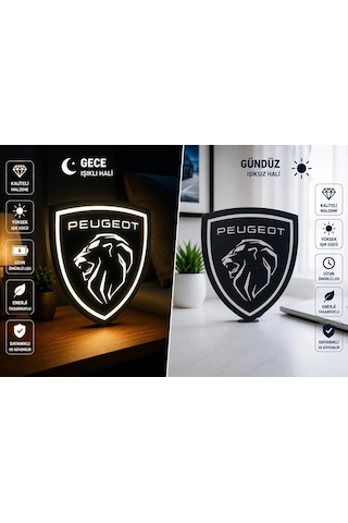 Peugeot Masa Lambası , Peugeot Logolu Led Işıklı Masa Lambası , Peugeot Gündüz Gece Masa Lambası Siyah