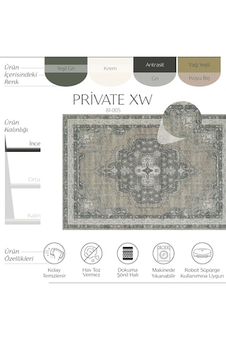 Cool Halı Private Xw Yeşil Gri Vintage Halı Klasik Modern Yıkanabilir Şönil Eskitme Salon Halısı