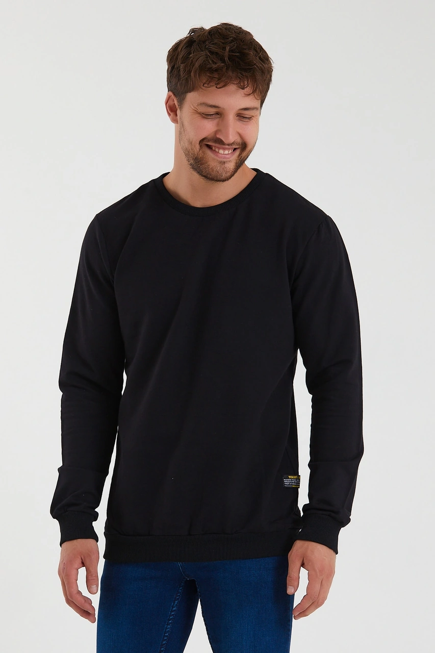 Veaven Erkek Siyah Bisiklet Yaka Slim Fit Sweatshirt Siyah