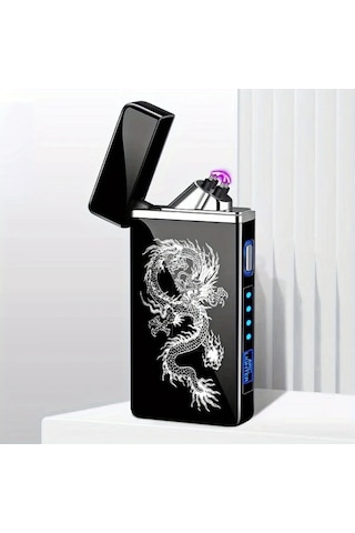 Techbloom Black Dragon Kişisel Led Ekranlı Akıllı Sensörlü Rüzgar Geçirmez Çift Arklı Alevsiz Usb Şarjlı Elektrikli Çakmak Açık Gri