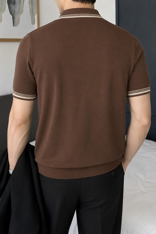 Tarz Cool Erkek Fermuar Yaka Triko Polo Tişört Slim Fit Pamuklu Yazlık Triko Kahverengi