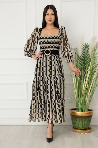 Kalopya Bayan Göğüs Büzgülü Şifon Elbise 9027 Ekru