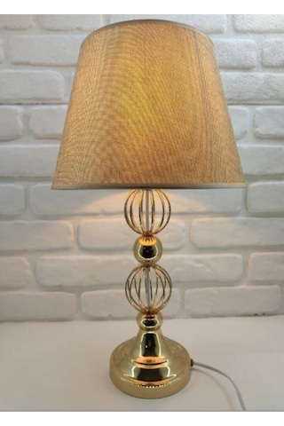 Gold Altın Renk Tel Toplu Metal Ayaklı Kahverengi Şapkalı Abajur Altın - Kahverengi