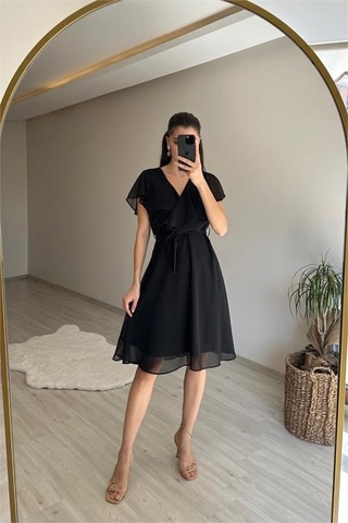Neşeli Butik Kadın V Yaka Kuşaklı Mini Şifon Elbise Nm007 Siyah