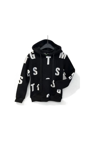 Çocuk Harf Baskılı Şardonlu Kapuşonlu Sweatshirt-15195 Siyah