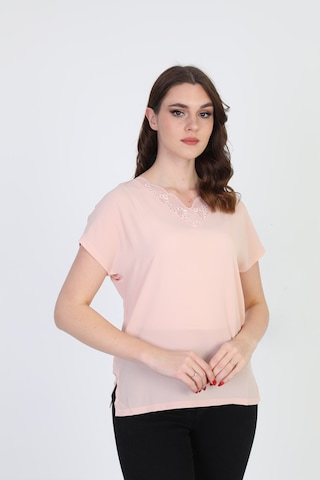 Ella Camelia Kadın Yakası Dantel Detaylı Bluz 20E020 Pudra