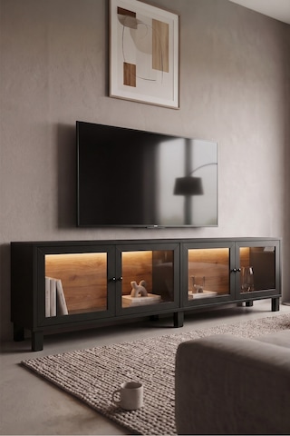 Yurudesign Yoda Temperli Cam Kapaklı Neon Led Işıklı Tv Ünitesi Tv Sehpası Vitrin Ahşap Ayaklı Sepet-siyah Yd14-sb