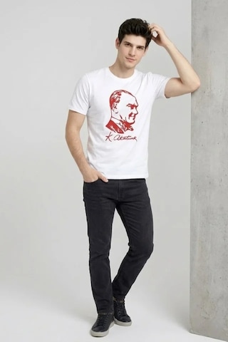 De'charme Erkek Atatürk Baskılı Tişört Kısa Kollu Bisiklet Yaka T-shirt - Beyaz