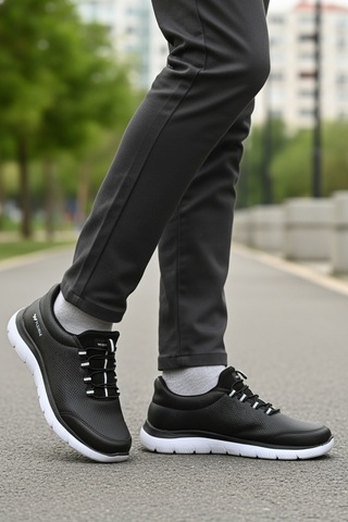 Siyah Beyaz Bilekten Lastikli Erkek Spor Ayakkabı Flexible Pu M Siyah - Beyaz