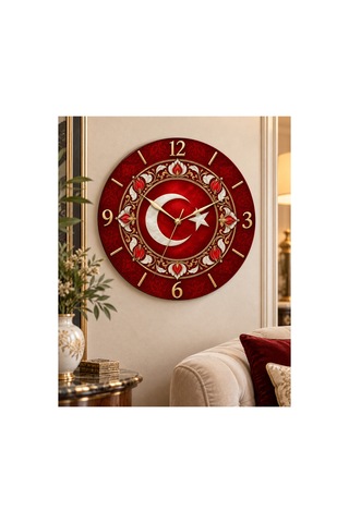 Türk Bayraklı Ay Yıldız Desenli 45 Cm Ahşap Sessiz Akar Mekanizmalı Uv Baskılı Dekoratif Duvar Saati Hediyelik 1076 Çok Renkli