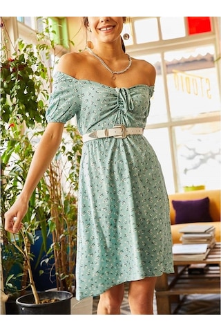 Aqe Fashion Kadın Yeşil Önü Büzgülü Beli Lastikli Elbise Yeşil