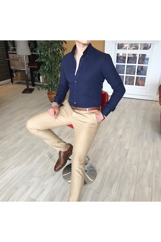 Italyan Stil Slim Fit Dik Yaka Saten Erkek Gömlek Koyu Lacivert T