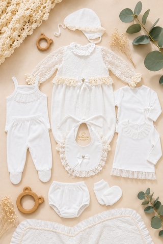 Babyhola Premium Kalite Dantel Detaylı Yenidoğan Kız Bebek Kutulu Hediyelik Hastane Çıkışı 10lu Set 15492 Ekru