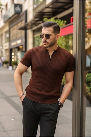 Efnaz Style Erkek Örgü Desen Fermuar Yakalı Triko Tişört Kahverengi