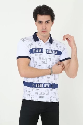 Erkek Yakalı Slim Fit Baskılı T-shirt - Beyaz Beyaz