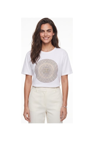 Onloox Kadın Beyaz Beyaz Pamuklu Bisiklet Yaka Basic Form Önü Taş Detaylı Kısa Kollu Penye T-shirt