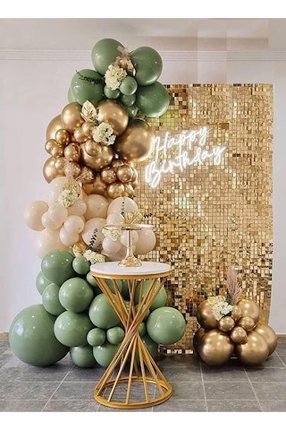 Beysüs 30 Küf Yeşili 15 Krom Gold 15 Deniz Kumu Pastel Ten Rengi Doğum Günü Ve Nişan Balon Zinciri Set