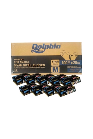 Dolphin Tek Kullanımlık Lateks Siyah Pudrasız Nitril Muayne Eldiveni Meidum - 100'lü 20 Paket