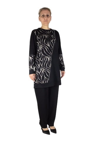 Kadın Bluz Önü Desenli Taşlı Pantolon Lastikli İkili Takım Siyah