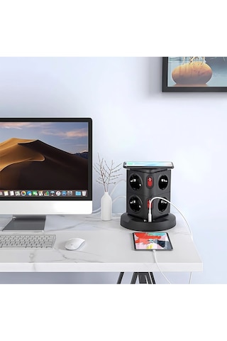 Akım Korumalı 2.4a Kule Priz Kablosuz Şarj İstasyonu 8x Soket 2x Usb Wireless Kablolu Priz Çoğaltıcı