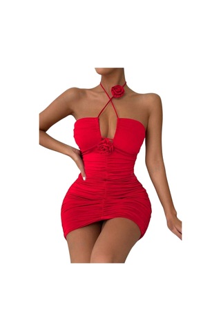 Gül Detaylı Göğüs Dekolteli Yanlardan Büzgülü Bodycon Elbise Kırmızı