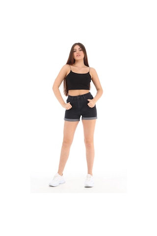 Cedy Denim Kadın Yüksek Bel Duble Paça Kot Şort Klasik Mini Jean Şort C604 Antrasit