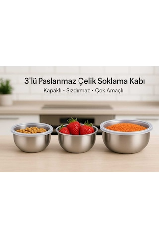 Enashop 3'lü Çelik Saklama Kabı 12-14-16 Cm 6 Parça Metalik