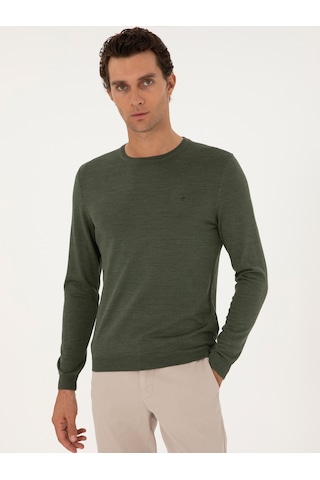 Cacharel Haki Slim Fit Yün Karışımlı Bisiklet Yaka Basic Triko Kazak Yesıl