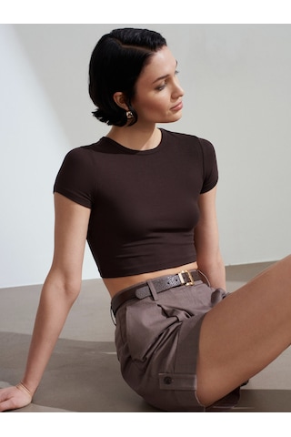 Dilvin 31104 Crop T-shirt-koyu Kahve Kahverengi