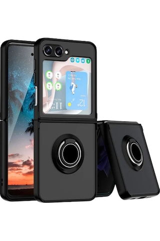 Samsung Galaxy Z Flip 7 FE Uyumlu Kılıf Yüzüklü Standlı Extra Koruma Sert Silikon Kapak -Siyah