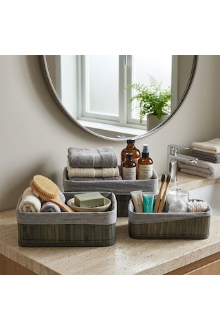 Lunaev Gri 3 Boy D.dörtgen Bambu Kenar Organizer Sepet Ahşap Altlık - Bezli 25x14-28x18-20x30cm 100