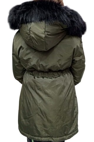 Kız Çocuk Haki Beli Lastikli Kapüşonu Kürklü Kol Ucu Ribanalı Fermuar Çıtçıt Kapamalı Midi Boy Mont Haki