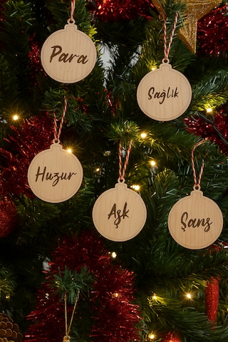 Yılbaşı Ağacı Süsleri Güzel Dilekler 5li Set Ahşap Yeni Yıl Süsleri 5 Adet