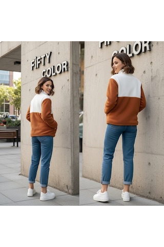 Kadın Yarım Fermuarlı Peluş Sweatshirt Rahat Ve Sıcak Kışlık Üst Kazak Tarçın