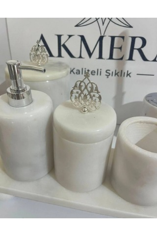Osmanlı Motifli Dikdörgen Tepsi 6 Parça Banyo Seti Beyaz