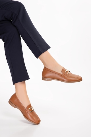 Gondol Hakiki Deri Kadın Köşeli Burun Loafer Esl.b06 Taba