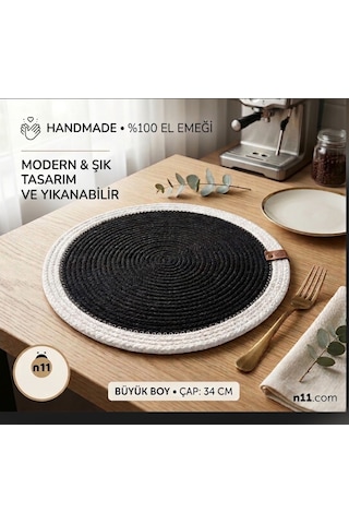El Örmesi Dikişli Tress İp Supla Takımı. Tekli Siyah-beyaz Siyah-bej 34cm Yuvarlak Hasır Amerikan Servis Bej - Siyah