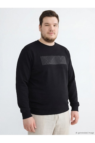 Lcwaıkıkı Classic Siyah Bisiklet Yaka Baskılı Erkek Sweatshirt