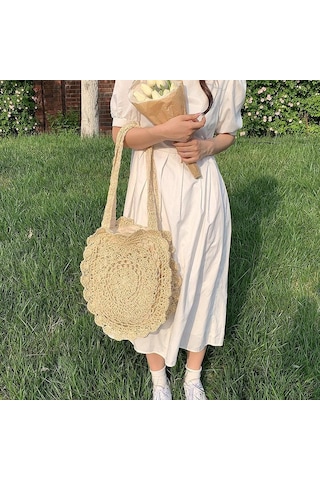 Koyu Kahverengi Kadınlar İçin Hasır Örgü Plaj Çantası El Yapımı Bohem Tarzı Omuz Çantaları Koyu Kahverengi