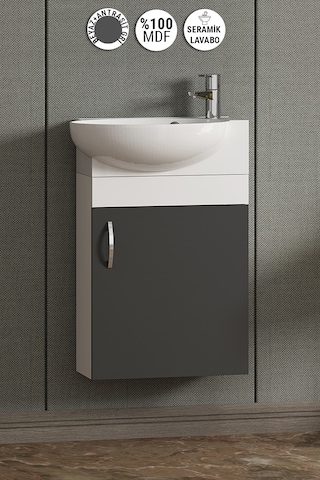 Lale 45 Cm Beyaz-antrasit Gri Mat Mdf Seramik Lavabolu Asma Alt Banyo Dolabı